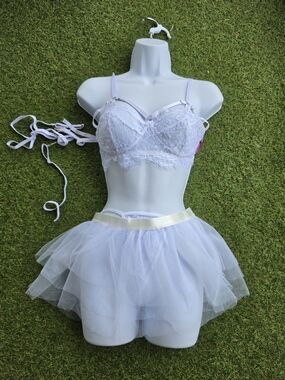 Lace Bralette and Layered Tulle Mini Skirt Set - White